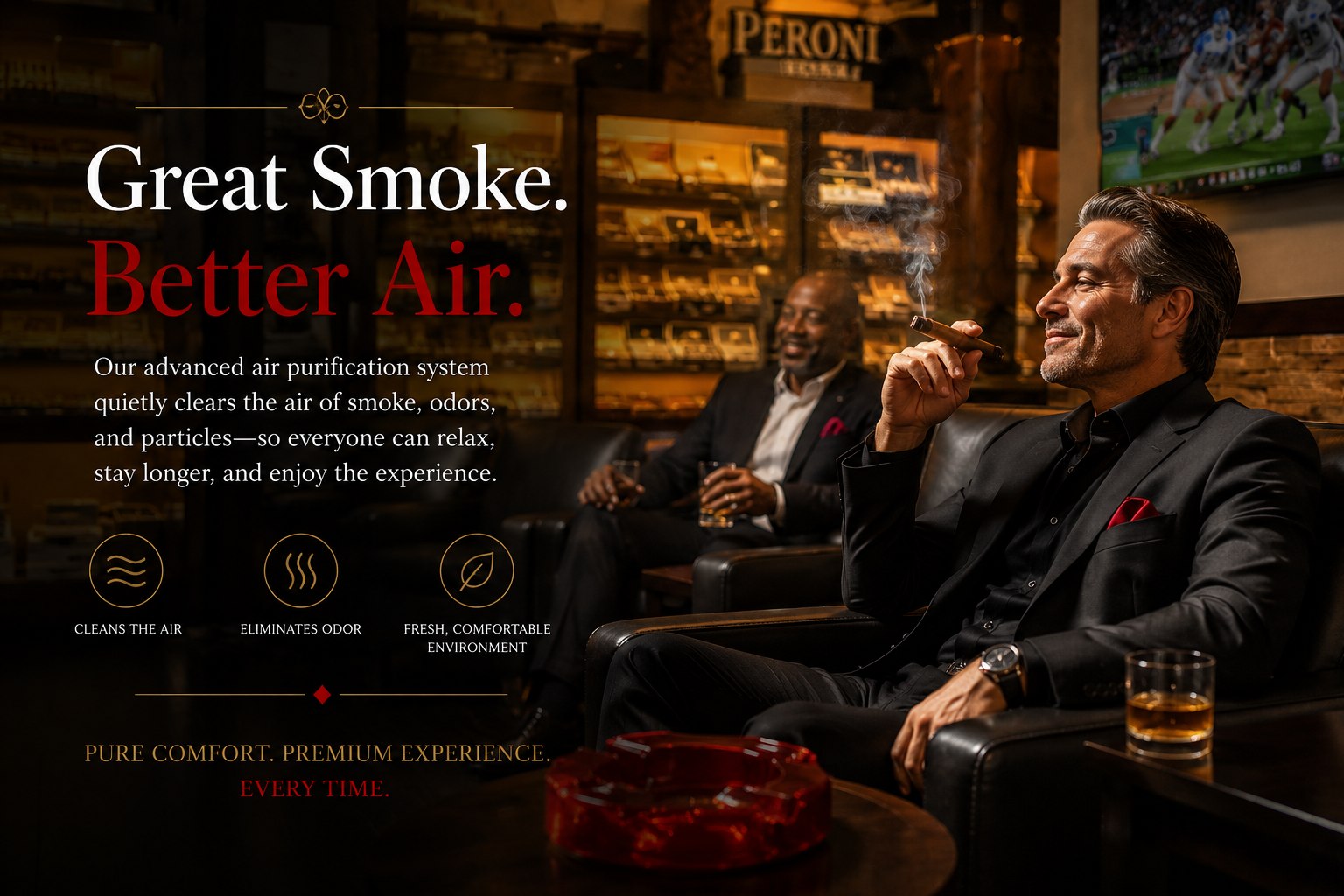 Guests smoking cigars in the Cigar Republic USA lounge. Great Smoke. Better Air. Our advanced air purification system quietly clears the air of smoke, odors and particles, so everyone can relax, stay longer and enjoy the experience.