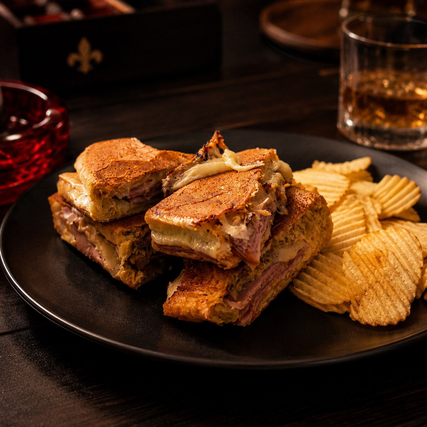 The Cuban sandwich at Cigar Republic USA, pressed and served with chips