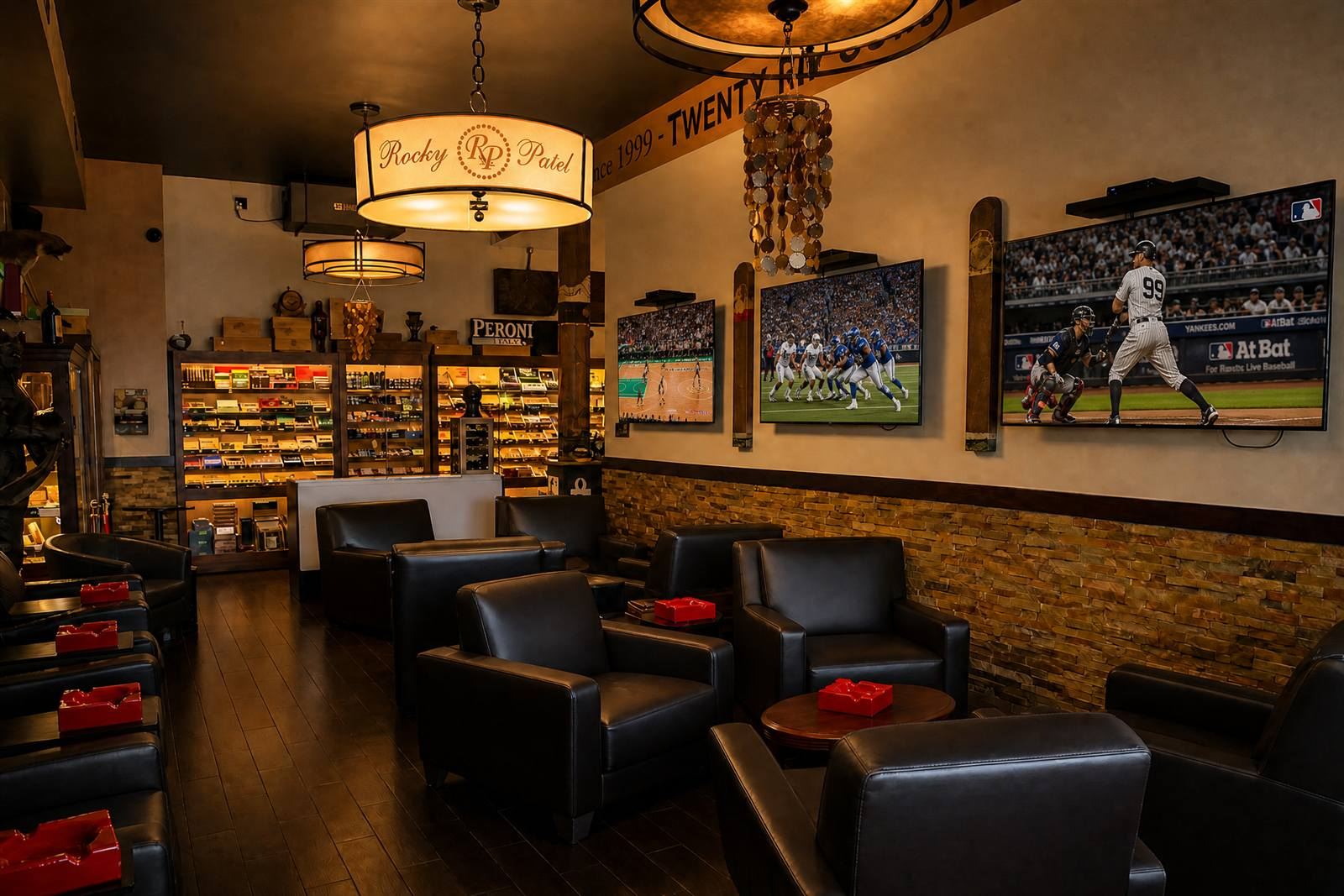 The lounge at Cigar Republic USA — leather chairs, the humidor, and live sports on the screens
