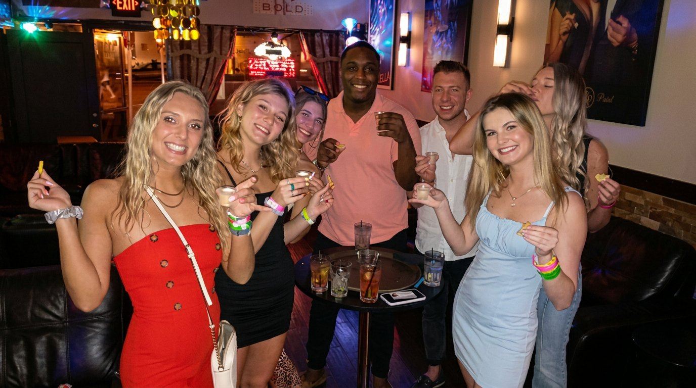 A group out at the bar on a Saturday night