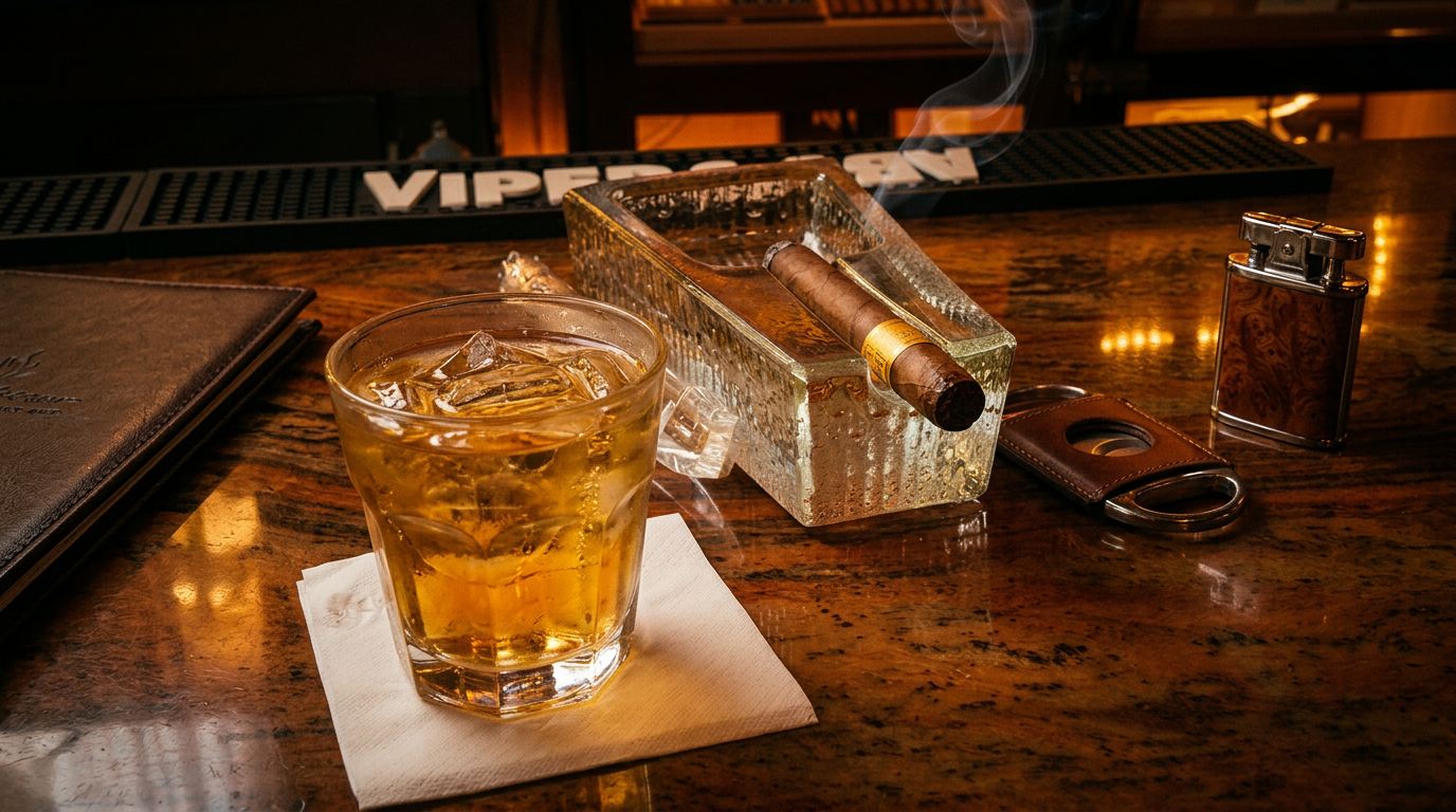 Whiskey on the rocks and a lit cigar